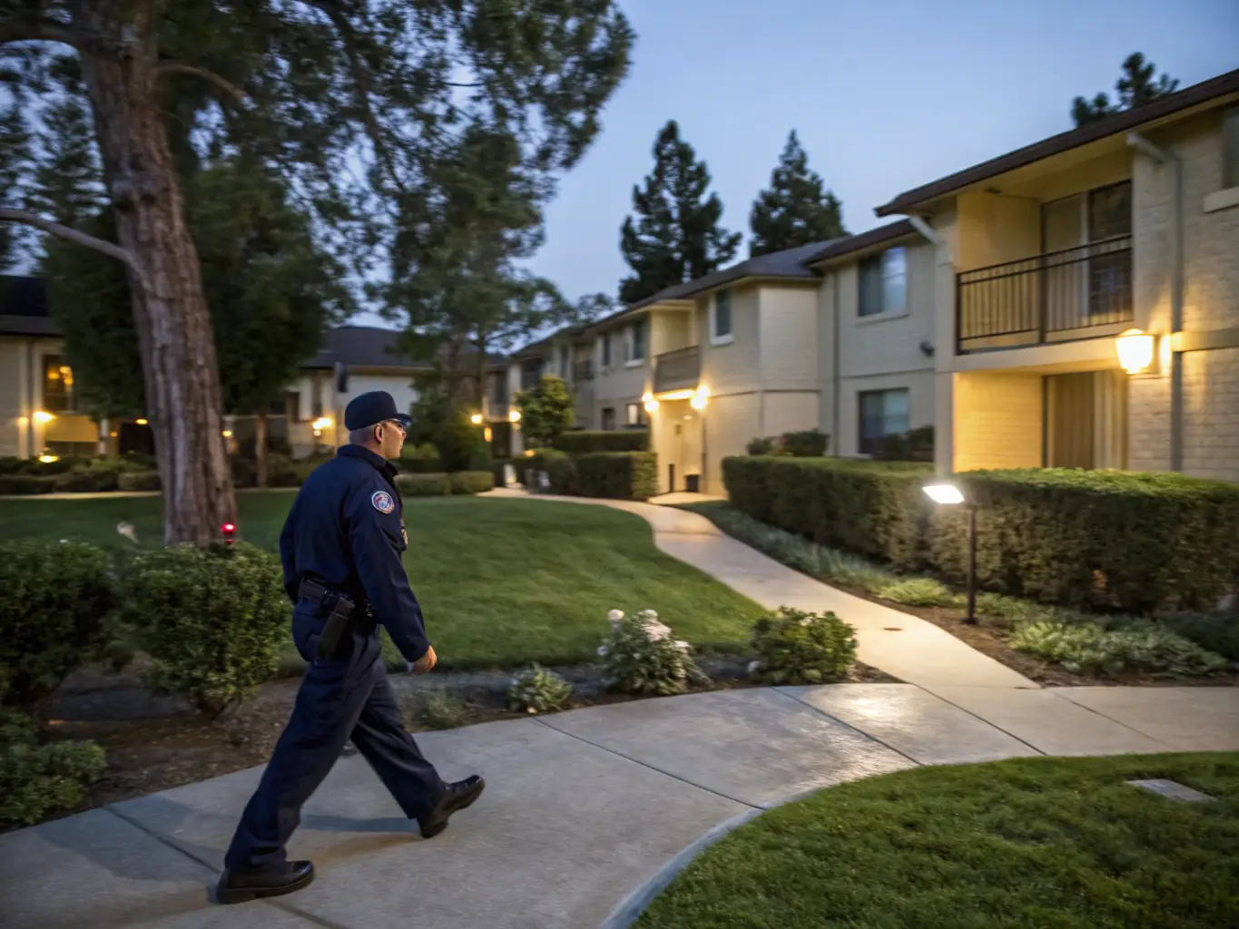 A security guard standing watch at the entrance of a residential community, ensuring the safety and security of residents and their property.