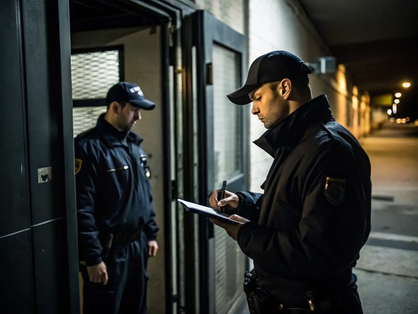 A team of professional security guards patrolling a corporate office building with modern uniforms and equipment, ensuring a safe and secure environment for employees and visitors.