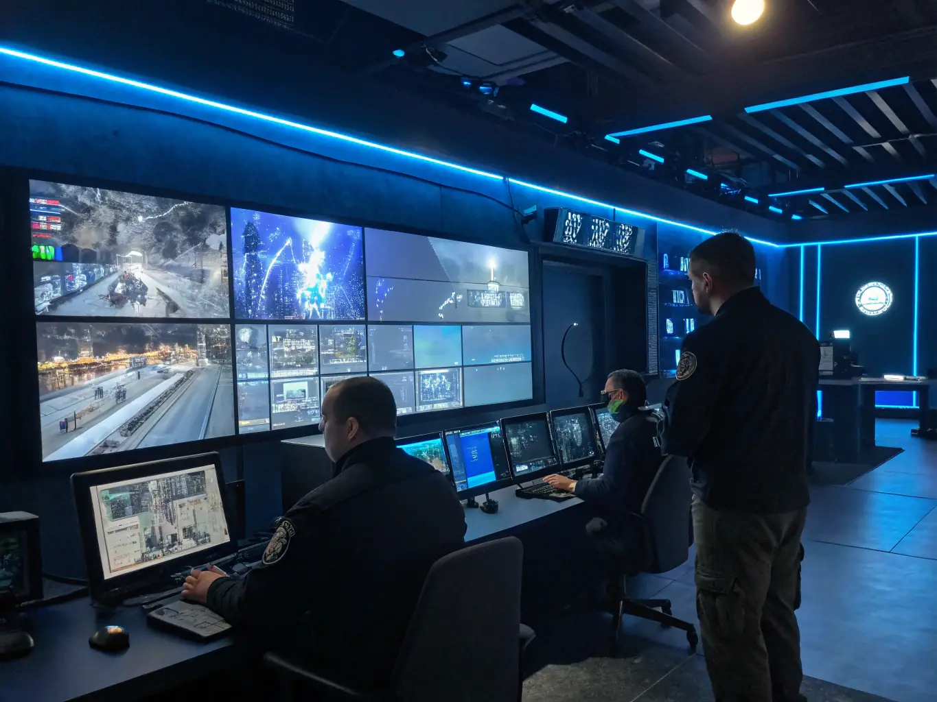 A security guard monitoring surveillance cameras in a control room, utilizing advanced technology to detect and respond to potential security threats.